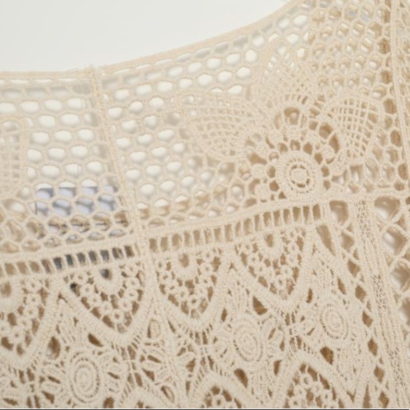 Beige Crochet Lace Embroidered Coverup Blouse Batwing Sleeve Loose Fit - Picture 4 of 16